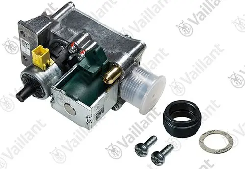 Vaillant Gasarmatur mit mehreren Komponenten, darunter Motor, Anschlussstecker und Befestigungselemente, auf hellem Hintergrund.